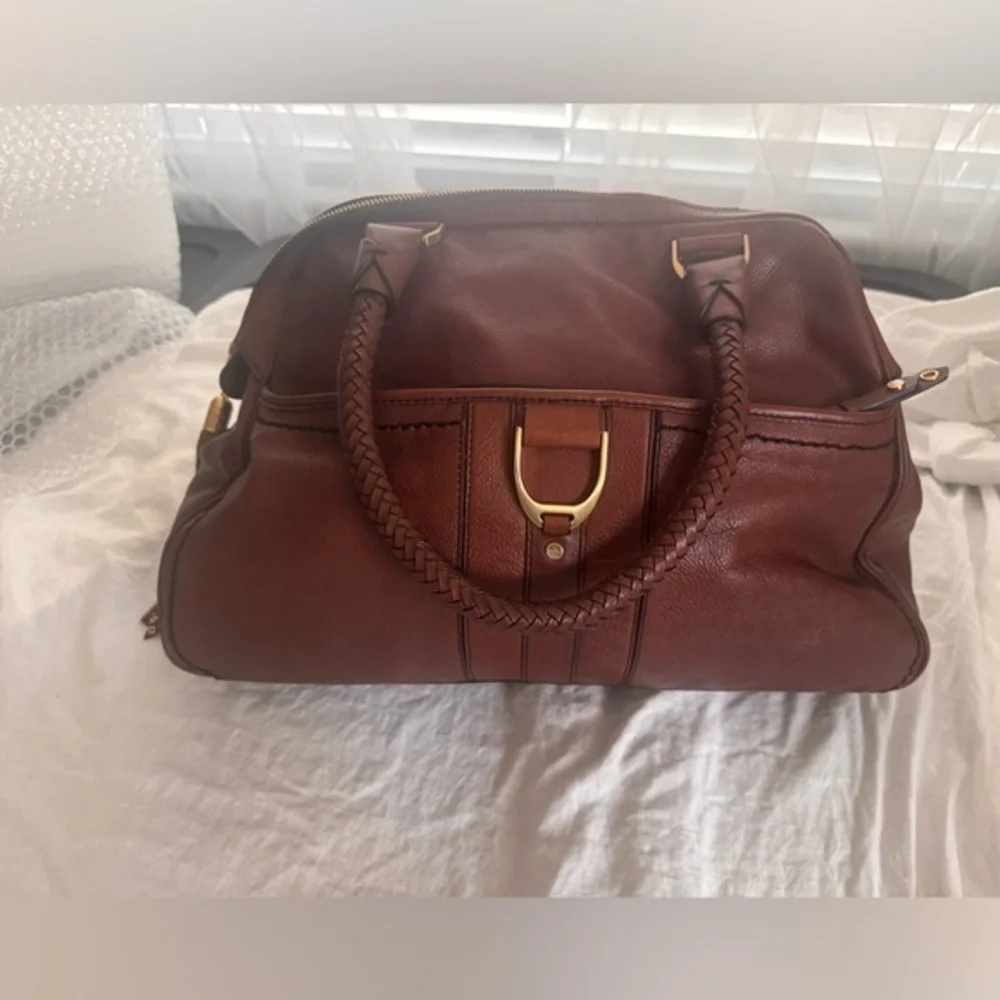 Cole Haan Brown Leather Satchel Braided Handle Top Zip Bag